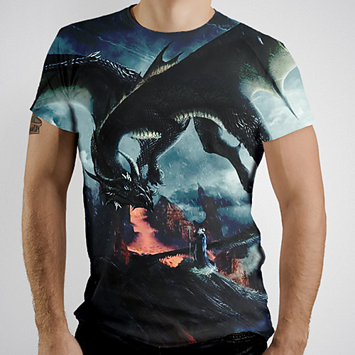 

Men's T shirt Graphic Flame Animal Print Short Sleeve Daily Tops Basic Navy Blue