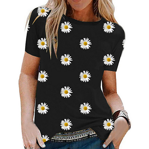 

Women's T shirt Floral Flower Round Neck Tops Basic Top White Black