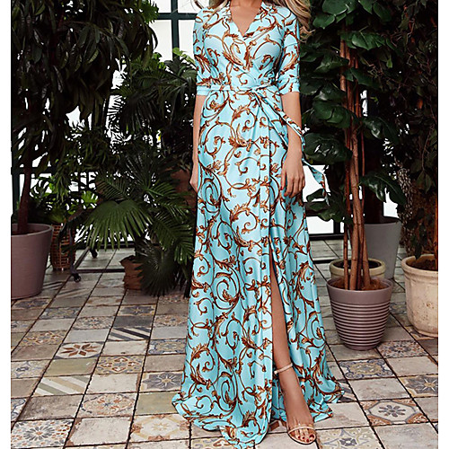 

Women's Sheath Dress Maxi long Dress Blue 3/4 Length Sleeve Print Summer V Neck Hot Boho 2021 S M L XL