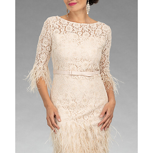 

Sheath / Column Mother of the Bride Dress Elegant Jewel Neck Knee Length Lace Half Sleeve with Sash / Ribbon Sequin 2020