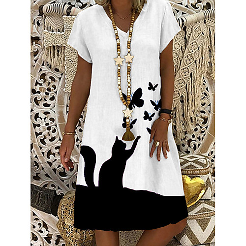 

Women's Shift Dress Knee Length Dress - Short Sleeve Butterfly Cat Animal Summer V Neck Casual Daily 2020 White M L XL XXL XXXL