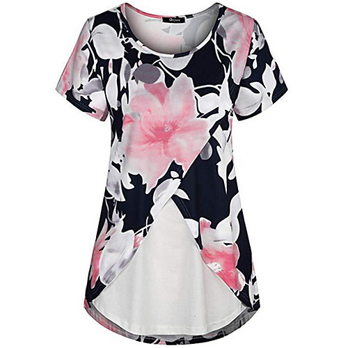

Women's T shirt Floral Flower Round Neck Tops Basic Top Black