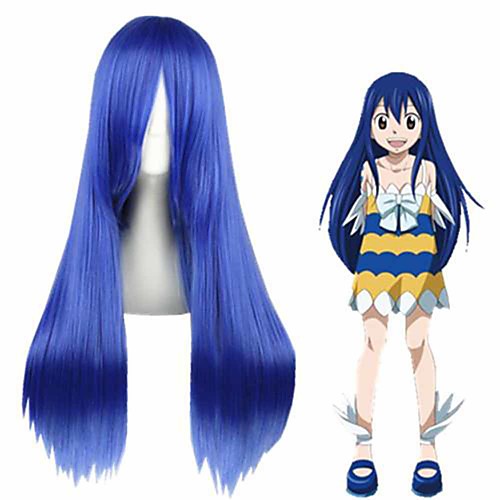 

Cosplay Costume Wig Cosplay Wig Wendy Marvell Fairy Tail Straight Cosplay Asymmetrical With Bangs Wig Long Blue Synthetic Hair 28 inch Women's Anime Cosplay Best Quality Blue