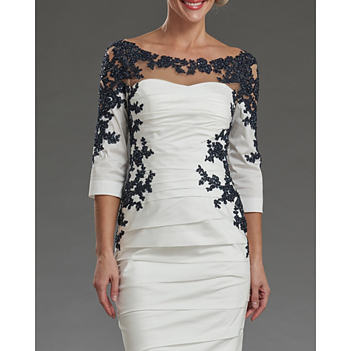 

Sheath / Column Mother of the Bride Dress Elegant Off Shoulder Knee Length Lace Taffeta 3/4 Length Sleeve with Appliques Ruching 2020