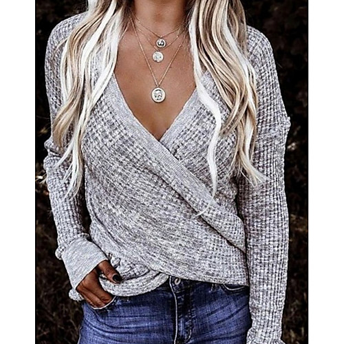

Women's Solid Colored Long Sleeve Pullover Sweater Jumper, V Neck Gray S / M / L