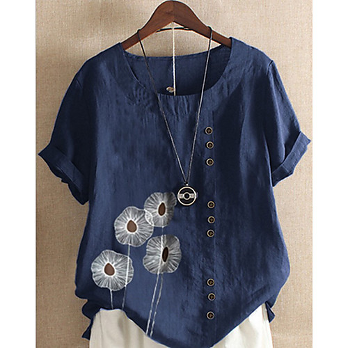 

Women's Blouse Graphic Tops Round Neck Loose Cotton Daily Summer Wine Blue S M L XL 2XL 3XL