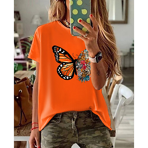 

Women's T shirt Butterfly Animal Round Neck Tops Cotton Basic Top White Black Red