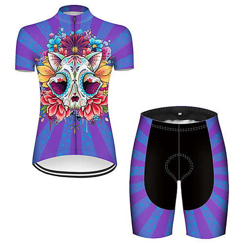 

21Grams Women's Short Sleeve Cycling Jersey with Shorts Nylon Polyester Black / Blue Novelty Skull Floral Botanical Bike Clothing Suit Breathable 3D Pad Quick Dry Ultraviolet Resistant Reflective