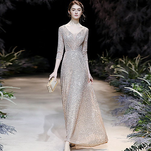 

A-Line Glittering Sparkle Prom Formal Evening Dress V Neck Half Sleeve Floor Length Sequined with Sequin 2021