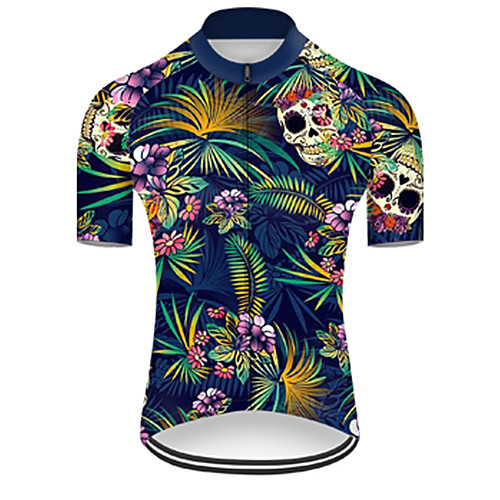 

21Grams Men's Short Sleeve Cycling Jersey Nylon Polyester BlueGreen Gradient Skull Floral Botanical Bike Jersey Top Mountain Bike MTB Road Bike Cycling Breathable Quick Dry Ultraviolet Resistant