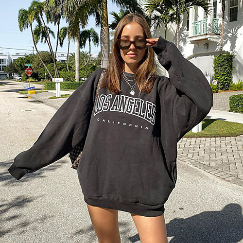 

Women's Daily Pullover Sweatshirt Plain Letter Casual Basic Hoodies Sweatshirts Cotton Loose Black