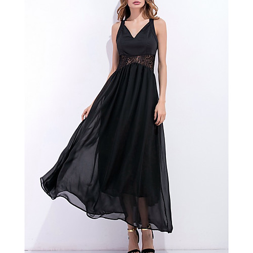 

Women's A Line Dress Maxi long Dress Black Sleeveless Solid Color Summer V Neck Work Sexy 2021 S M L XL