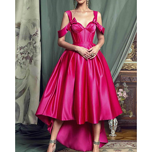 

A-Line Elegant Minimalist Wedding Guest Prom Dress Sweetheart Neckline Sleeveless Asymmetrical Satin with Pleats 2020