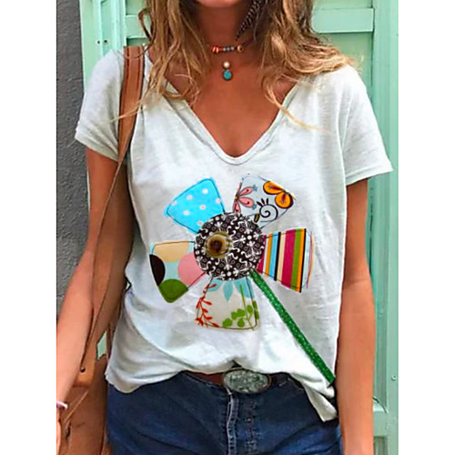 

Women's T shirt Graphic Printing Print V Neck Tops Basic Top White