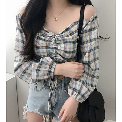 

Women's Tops Plaid Blouse V Neck Daily Black Blue One-Size