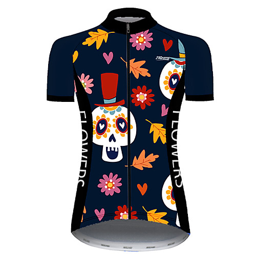 

21Grams Women's Short Sleeve Cycling Jersey Nylon Polyester Black / Orange Skull Floral Botanical Funny Bike Jersey Top Mountain Bike MTB Road Bike Cycling Breathable Quick Dry Ultraviolet Resistant