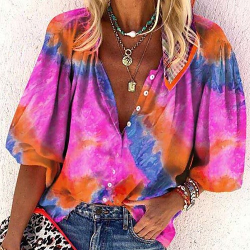 

Women's Blouse Shirt Tie Dye Long Sleeve Shirt Collar Tops Basic Top Fuchsia Orange Green