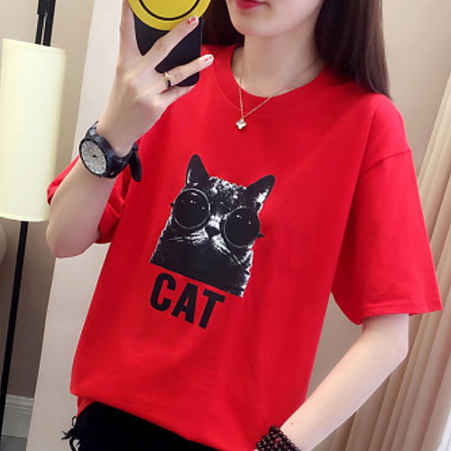 

Women's T shirt Cartoon Geometric Print Round Neck Tops Basic Top White Red Yellow