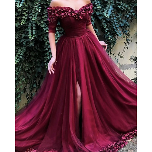 

Ball Gown Floral Luxurious Engagement Formal Evening Dress Off Shoulder Short Sleeve Court Train Satin Tulle with Pleats Appliques 2020