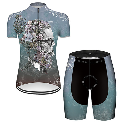 

21Grams Women's Short Sleeve Cycling Jersey with Shorts Nylon Polyester Blue Novelty Skull Floral Botanical Bike Clothing Suit Breathable 3D Pad Quick Dry Ultraviolet Resistant Reflective Strips
