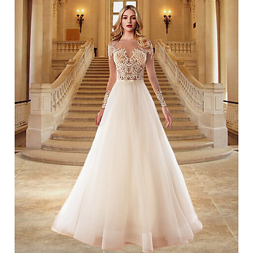 

A-Line Wedding Dresses Jewel Neck Sweep / Brush Train Lace Tulle Long Sleeve Country Sexy See-Through with Sashes / Ribbons Embroidery 2020