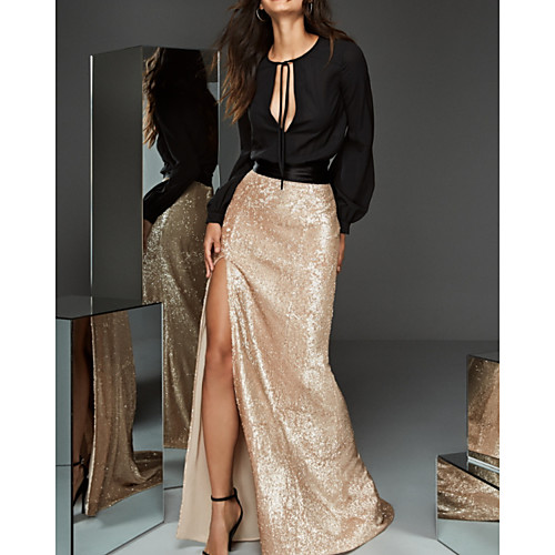 

Two Piece Color Block Elegant Party Wear Prom Dress Jewel Neck Long Sleeve Sweep / Brush Train Sequined with Sequin Split 2021