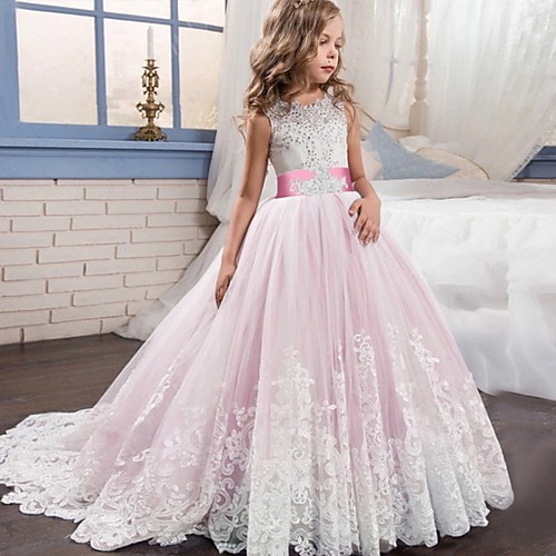 

Princess / Ball Gown Court Train Wedding / Party Flower Girl Dresses - Tulle Sleeveless Jewel Neck with Bow(s) / Beading / Appliques
