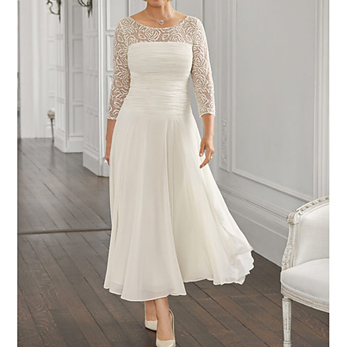 

A-Line Mother of the Bride Dress Elegant Jewel Neck Ankle Length Lace Satin Half Sleeve with Pleats Ruching 2020