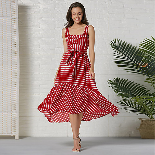 

Women's Swing Dress Knee Length Dress - Sleeveless Striped Bow Summer Casual 2020 Red S M L XL XXL