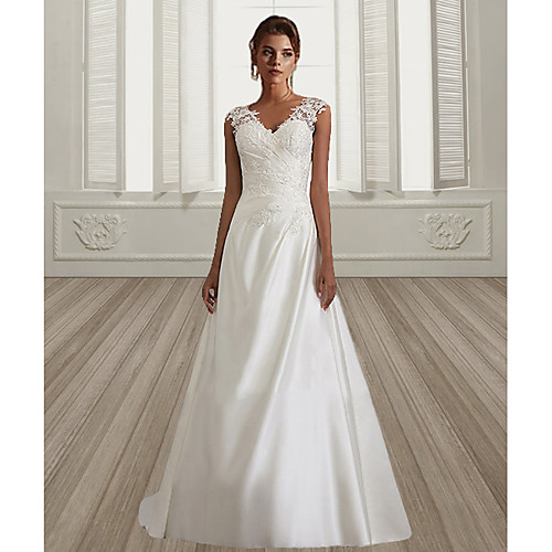 

A-Line Elegant & Luxurious Elegant Formal Evening Wedding Party Dress V Neck Sleeveless Sweep / Brush Train Lace Jersey with Lace Insert 2020