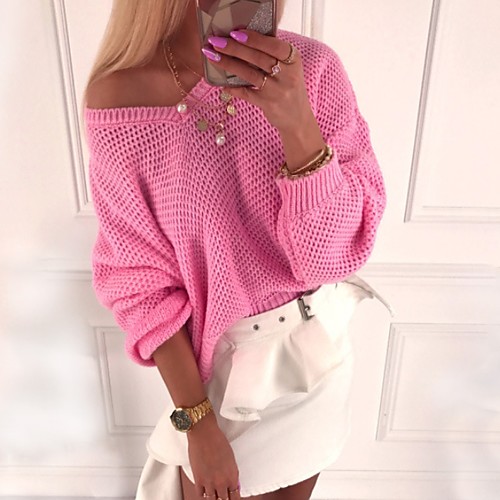 

Women's Solid Colored Long Sleeve Pullover Sweater Jumper, V Neck Blue / Purple / Blushing Pink S / M / L