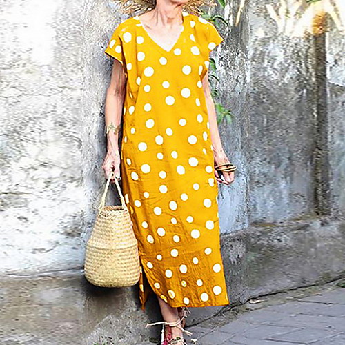 

Women's A-Line Dress Maxi long Dress - Short Sleeves Polka Dot Summer Boho 2020 Red Yellow Fuchsia Light Blue S M L XL XXL