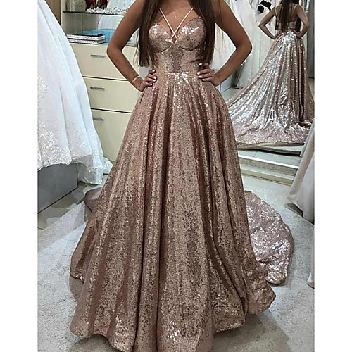 

A-Line Beautiful Back Sparkle Engagement Formal Evening Dress Spaghetti Strap Sleeveless Court Train Sequined with Pleats Sequin 2021