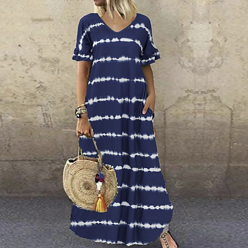 

Women's Shift Dress Maxi long Dress - Short Sleeve Striped Summer V Neck Casual 2020 Black Purple Wine Dusty Blue Brown Navy Blue Gray S M L XL XXL XXXL XXXXL