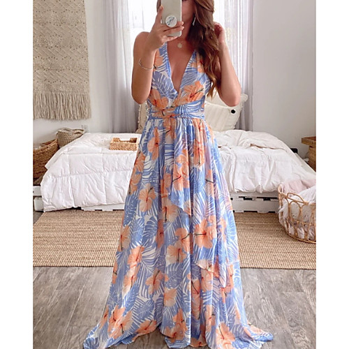 

Women's Strap Dress Maxi long Dress - Sleeveless Print Summer Casual Mumu 2020 Light Blue S M L XL
