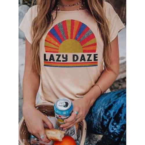 

Women's Tops Letter T-shirt Round Neck Daily Summer Khaki S M L XL