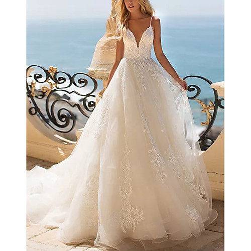 

Ball Gown Wedding Dresses V Neck Sweep / Brush Train Lace Tulle Sleeveless Beach with Appliques 2021