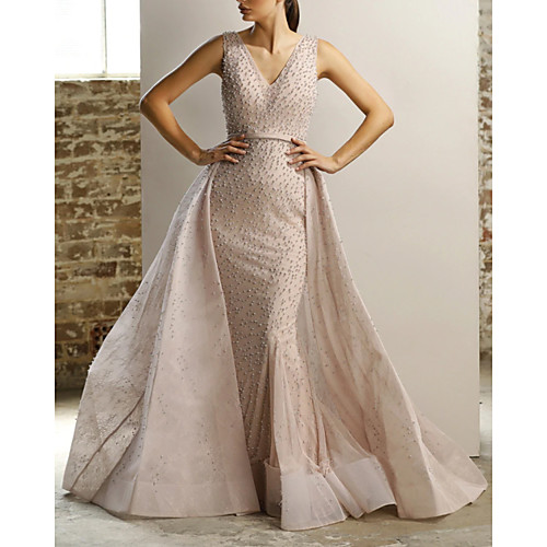 

Mermaid / Trumpet Sparkle Elegant Engagement Formal Evening Dress V Neck Sleeveless Detachable Tulle with Beading 2021