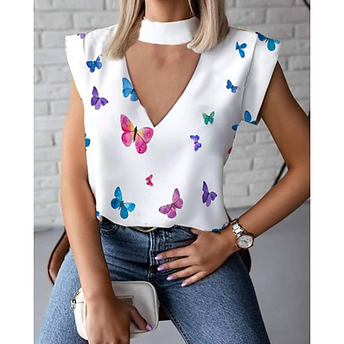 

Women's Blouse Shirt Animal V Neck Tops Basic Top White Black Red