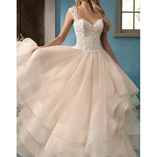 

Ball Gown Wedding Dresses Sweetheart Neckline Court Train Lace Satin Tulle Sleeveless Formal with Appliques 2021