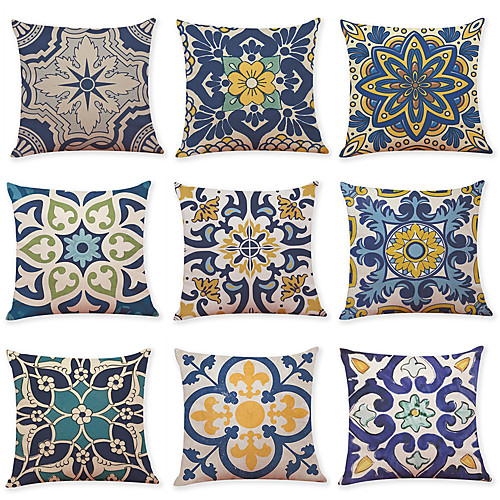 

9 pcs Linen Pillow Cover, Geometric Pattern Printing Simple Casual Square Traditional Classic