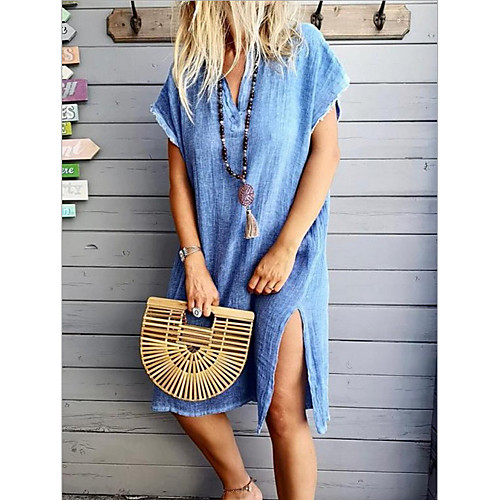 

Women's A-Line Dress Knee Length Dress - Short Sleeves Solid Color Summer Casual Chinoiserie 2020 Purple Khaki Light Green Light Blue M L XL XXL XXXL
