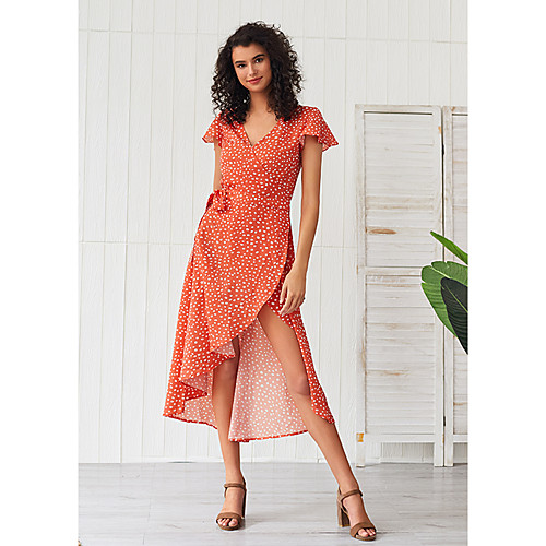 

Women's Swing Dress Maxi long Dress - Short Sleeves Polka Dot Solid Color Ruffle Split Summer Elegant Holiday Going out 2020 Red XS S M L XL