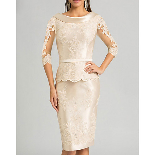 

Sheath / Column Mother of the Bride Dress Elegant Bateau Neck Knee Length Lace Satin 3/4 Length Sleeve with Appliques 2020