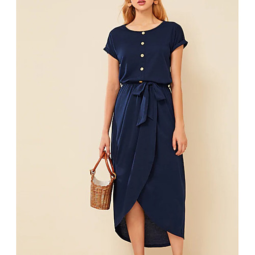

Women's Shift Dress Midi Dress - Short Sleeves Solid Color Summer Work Casual 2020 Navy Blue S M L XL XXL