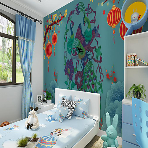 

Custom Self Adhesive Mural Wallpaper Festival Peacock Children Cartoon Style Suitable For Bedroom School Party Room Wallcovering