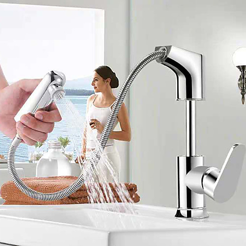

Pullout Spray Sink Faucet/ Rotatable /Brass/ New Design/Double outlet Chrome Deck Mounted Single Handle One HoleBath Taps Sink Faucet