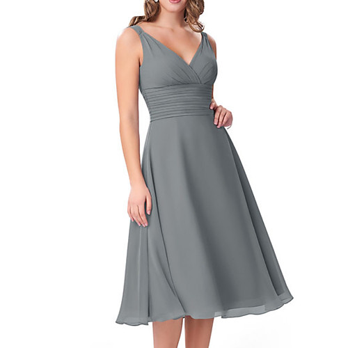 

A-Line V Neck Knee Length Chiffon Bridesmaid Dress with Ruching