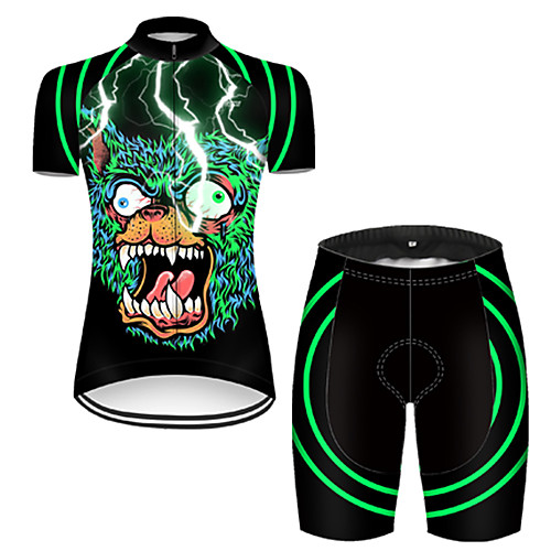 

21Grams Women's Short Sleeve Cycling Jersey with Shorts Nylon Polyester Black / Green 3D Lightning Skull Bike Clothing Suit Breathable 3D Pad Quick Dry Ultraviolet Resistant Reflective Strips Sports