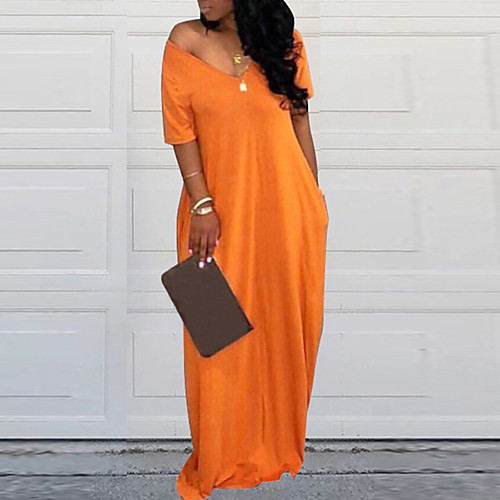 

Women's Shift Dress Maxi long Dress - Short Sleeves Solid Color Spring Summer Casual Weekend 2020 Black Orange XS S M L XL XXL XXXL